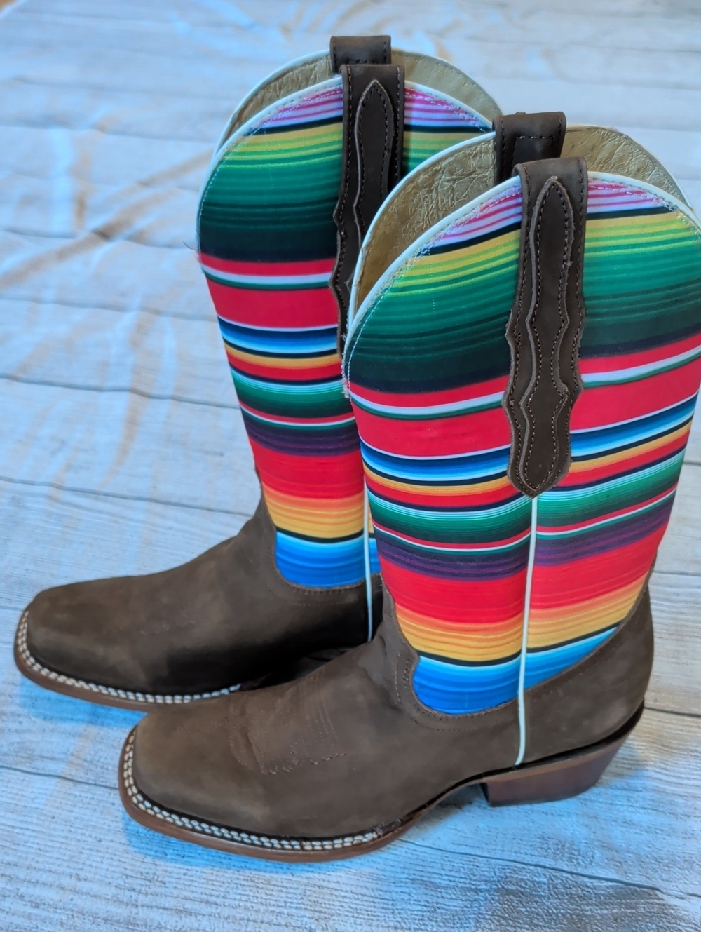 El General Brown Leather Cowboy Boots with Multicolor Serape Shaft